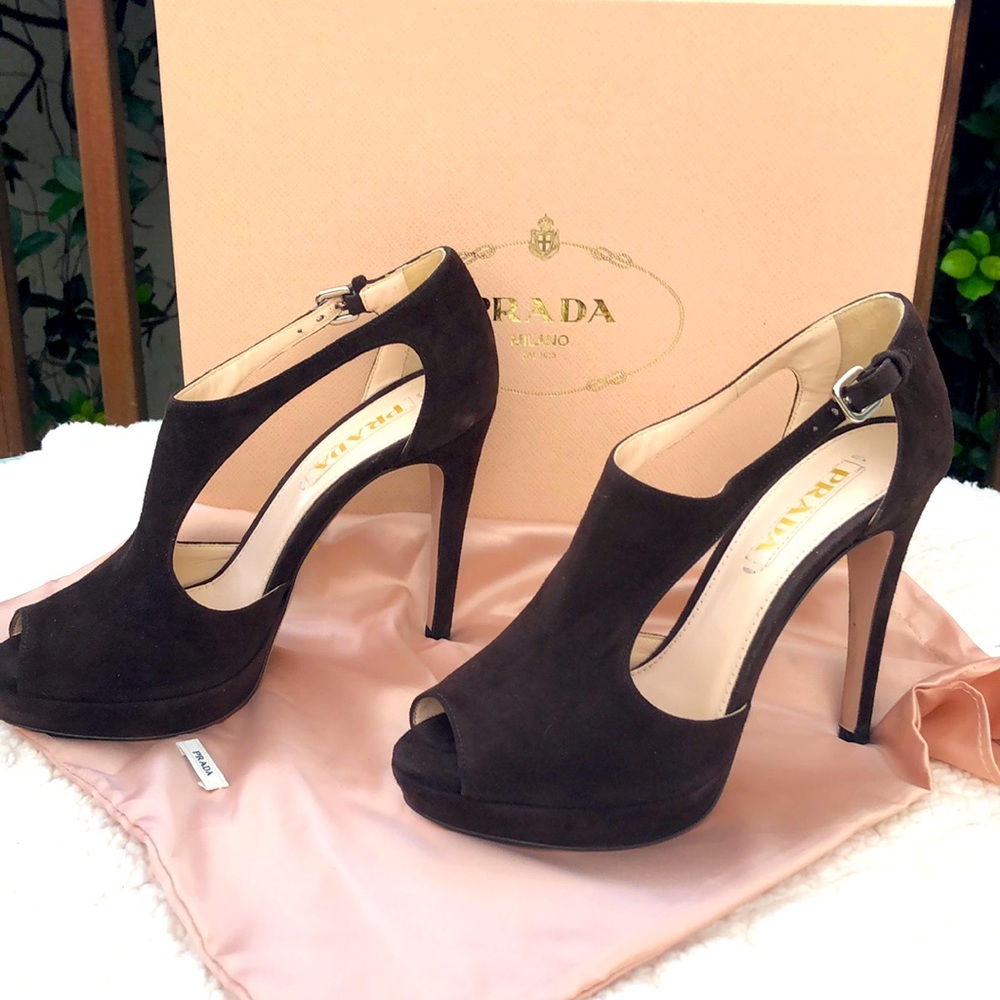 Prada brown suede bootie heels